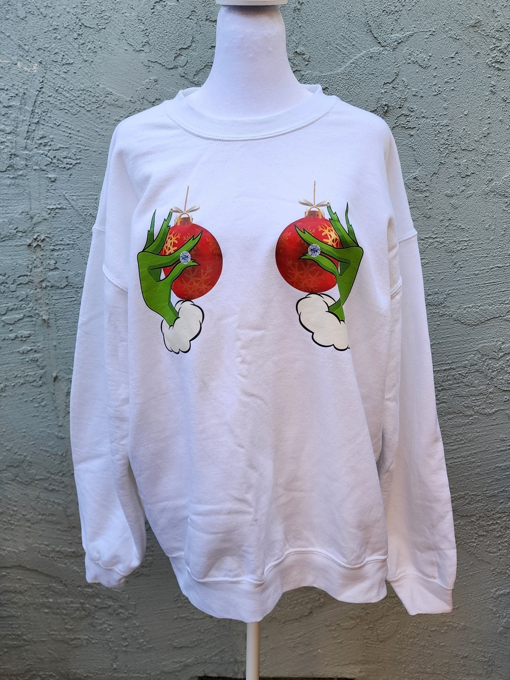 Funny Christmas Sweatshirt White Grinch Hands Ornaments Graphic Crewneck
